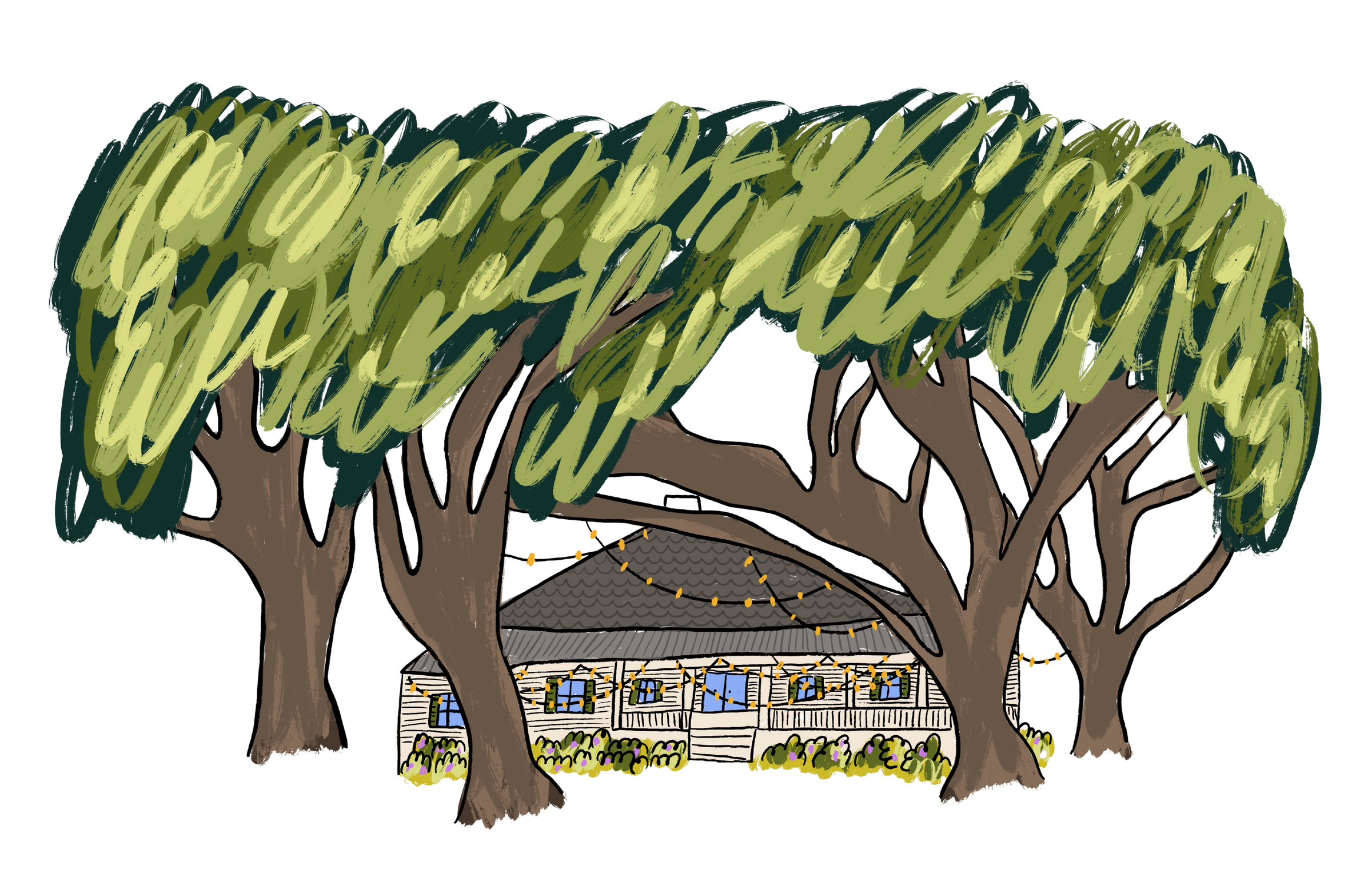 Illustration of the Audubon Clubhouse: a low white building with a shingled roof and a wraparound porch, strung with lights and framed by live oaks.